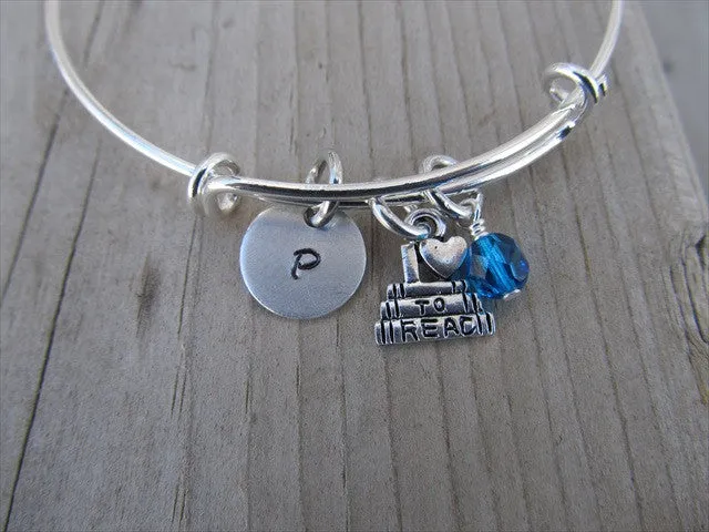Love to Read Charm Bracelet -Adjustable Bangle Bracelet with an Initial Charm and Accent Bead of your choice