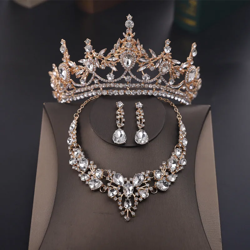 Luxury bridal jewelry three-piece set wedding crown tiara necklace earrings set wedding dress accessories
