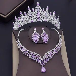 Luxury Purple Crystal Bridal Jewelry Sets for Women Crown Earring Necklace