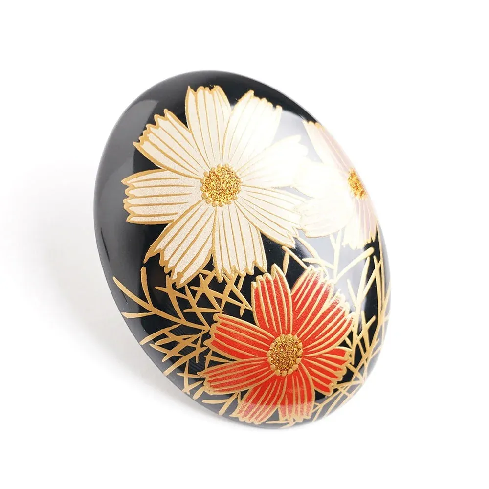 Maki-e Urushi Lacquer Brooch - Katsura(Japanese judas tree) / Cosmos Flower -, Traditional Japanese Urushi Lacquer Jewelry
