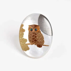 Maki-e Urushi Lacquer Brooch - White South Sea Pearl Shell / Owl -, Traditional Japanese Urushi Lacquer Jewelry