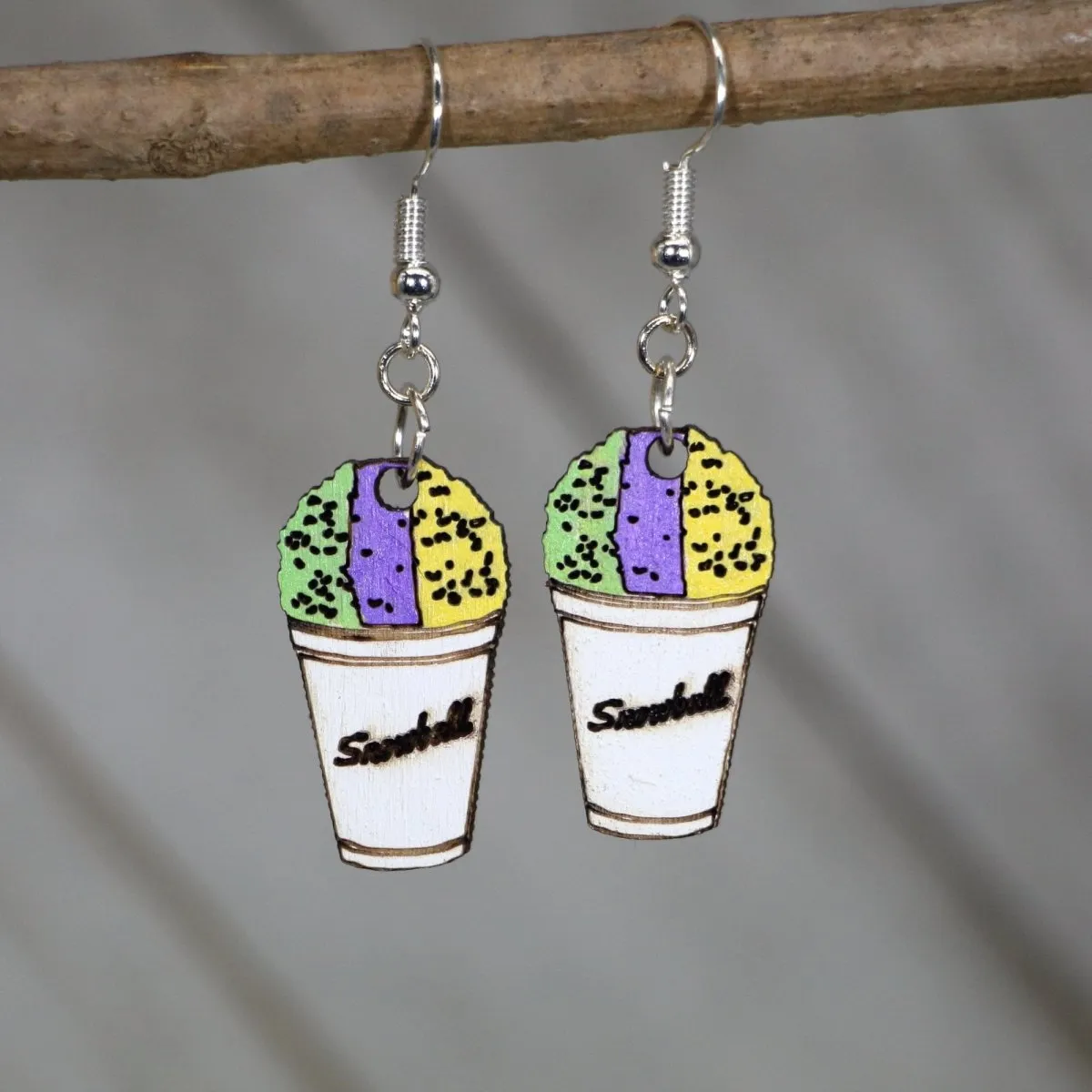 Mardi Gras SnowBall or Snowcone Wooden Dangle Earrings by Cate's Concepts, LLC