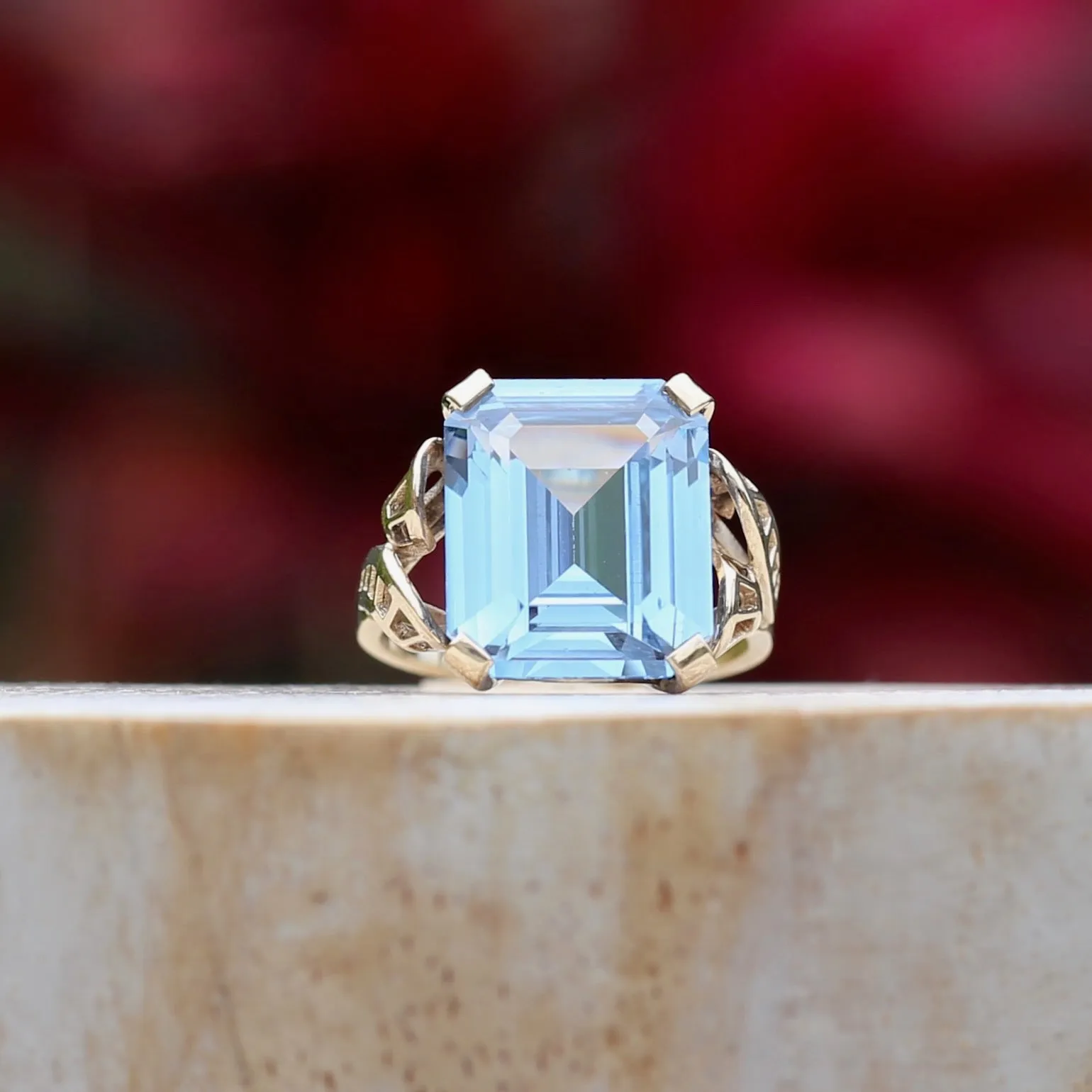 Mid Century Emerald Cut Blue Spinel Cocktail Ring, size N1/2 or 6.75