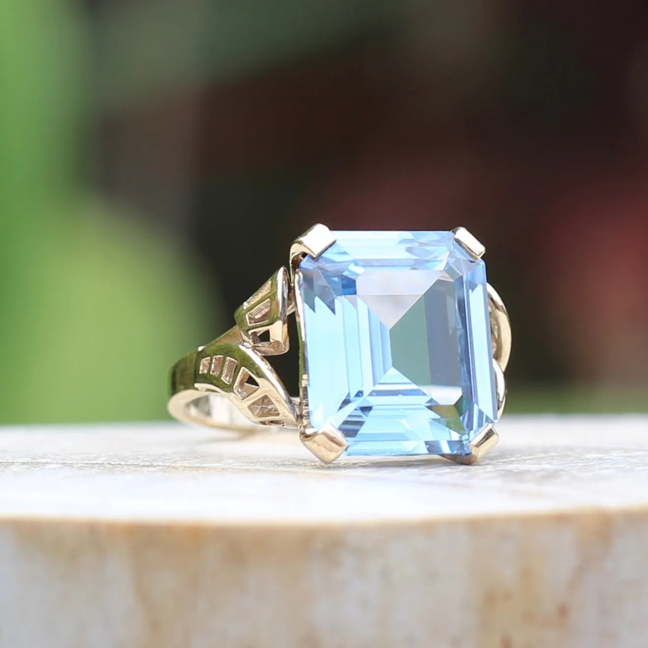 Mid Century Emerald Cut Blue Spinel Cocktail Ring, size N1/2 or 6.75