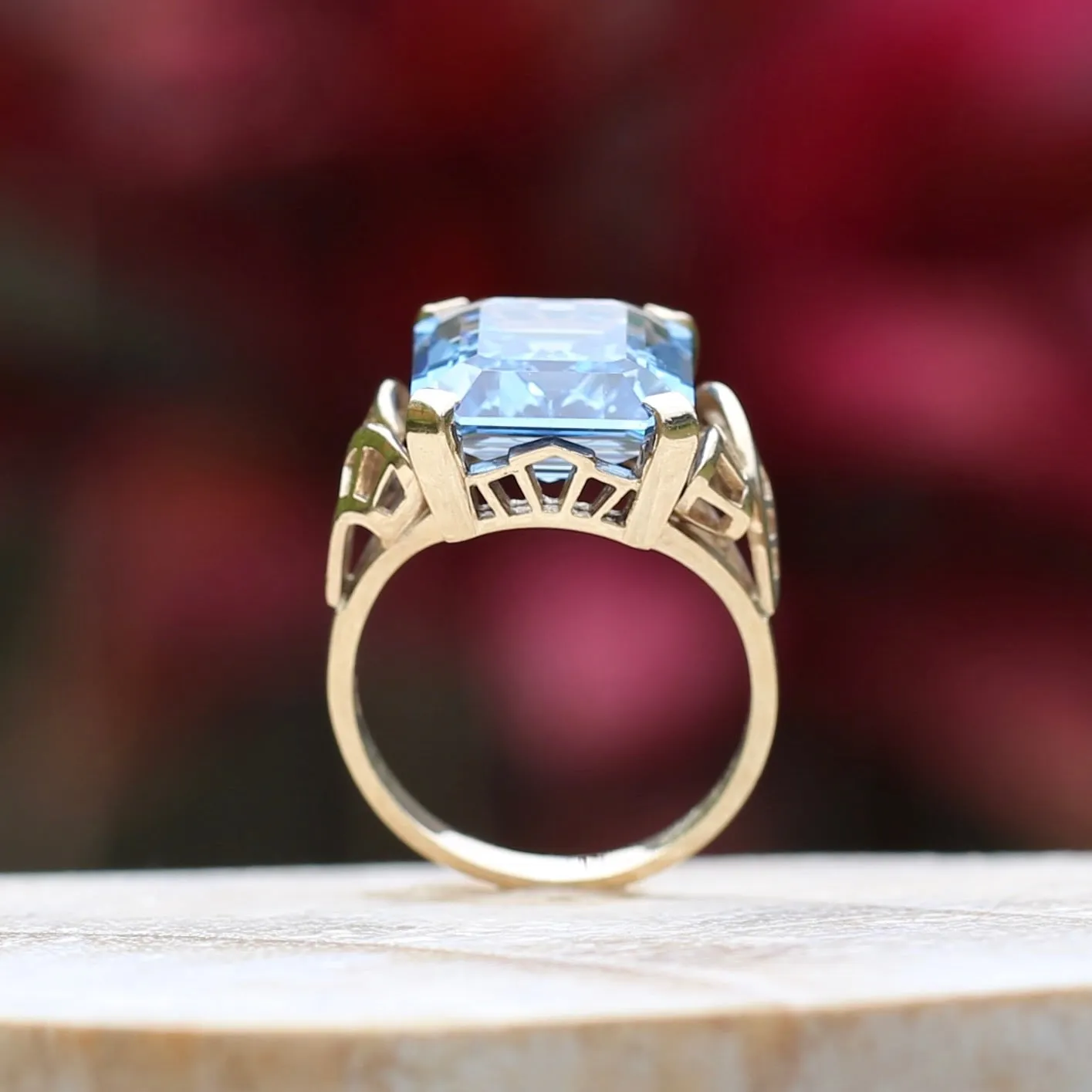 Mid Century Emerald Cut Blue Spinel Cocktail Ring, size N1/2 or 6.75