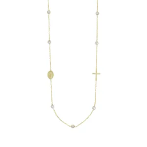 MIRACULOUS AND CROSS - NECKLACE PEARL AND CRYSTAL - VERMEIL SILVER