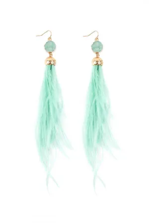 Mnt Green Druzy Stone Ostrich Feather Earrings