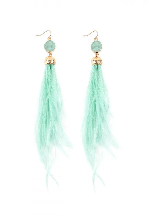 Mnt Green Druzy Stone Ostrich Feather Earrings