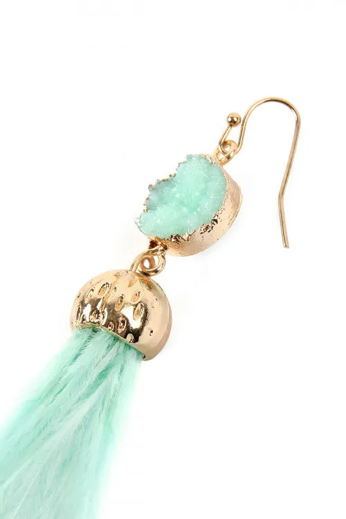 Mnt Green Druzy Stone Ostrich Feather Earrings