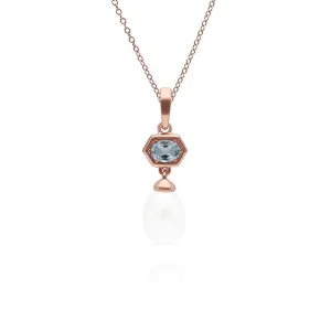 Moderne Perle & Blau Topas Hexagon Tropfen Anhänger in Rose Vergoldetem Sterling Silber