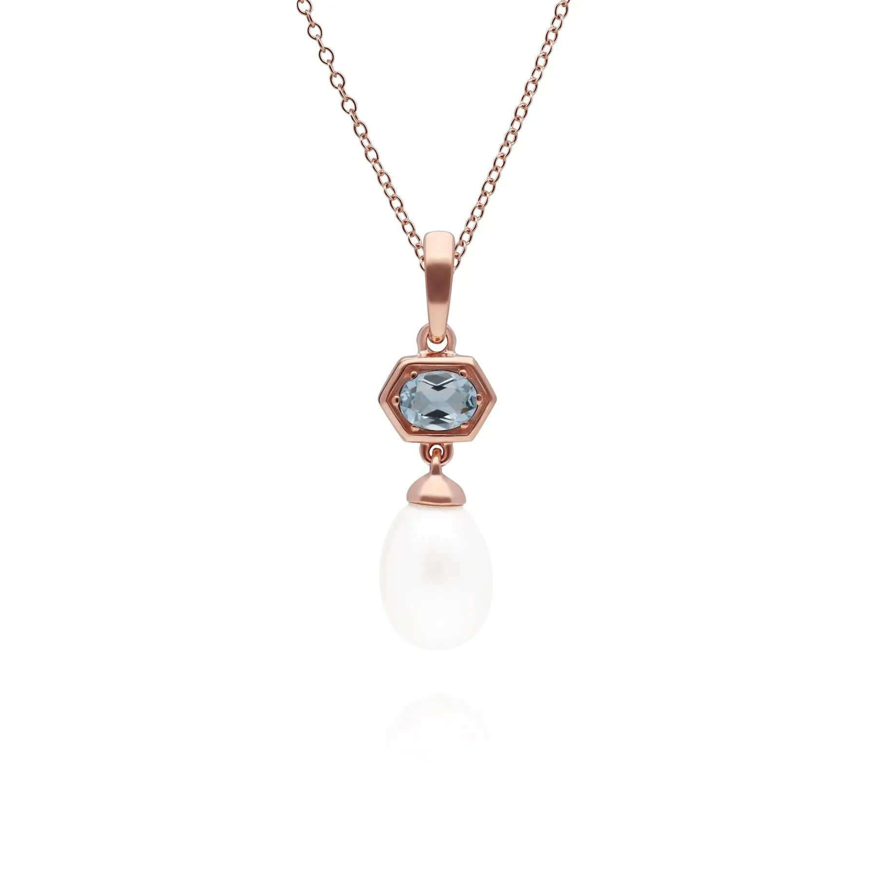 Moderne Perle & Blau Topas Hexagon Tropfen Anhänger in Rose Vergoldetem Sterling Silber