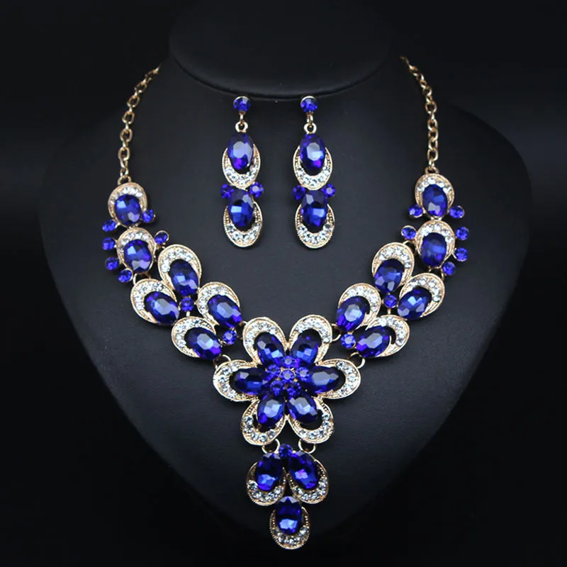 Multicolor Crystal Bridal Jewelry Sets Wedding Party Necklace Earring for Women Glitter Rhinestone Necklace