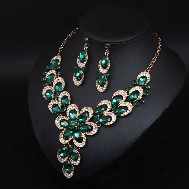 Multicolor Crystal Bridal Jewelry Sets Wedding Party Necklace Earring for Women Glitter Rhinestone Necklace