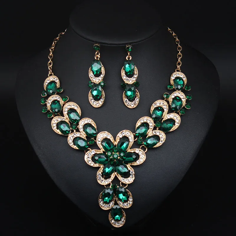 Multicolor Crystal Bridal Jewelry Sets Wedding Party Necklace Earring for Women Glitter Rhinestone Necklace