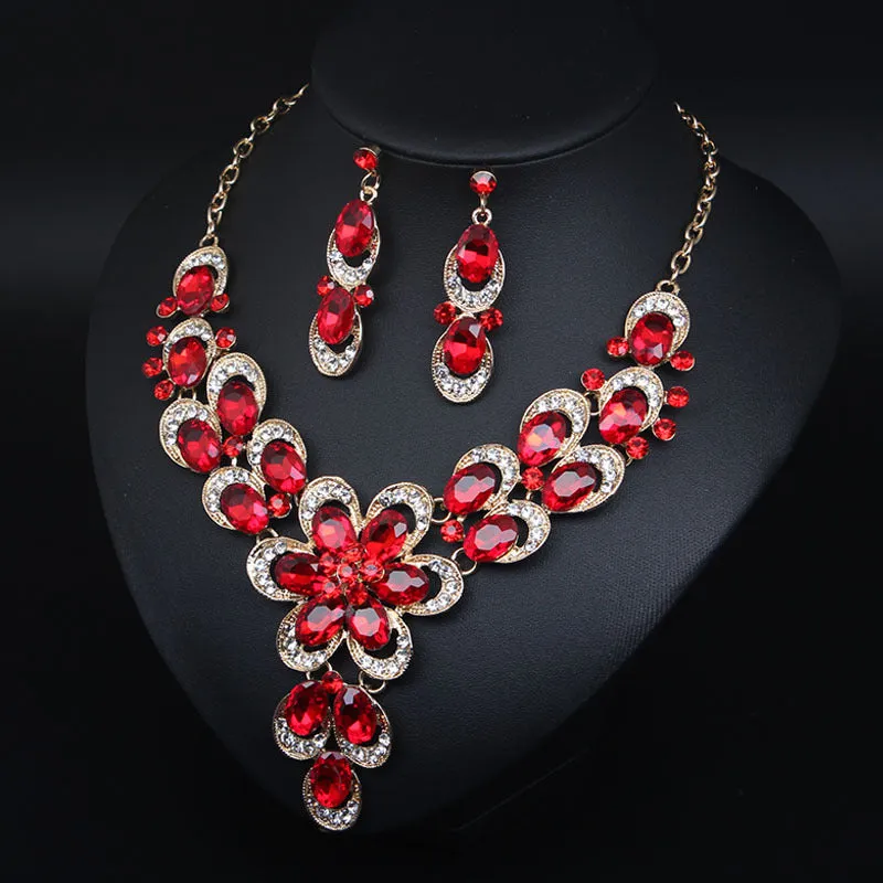 Multicolor Crystal Bridal Jewelry Sets Wedding Party Necklace Earring for Women Glitter Rhinestone Necklace