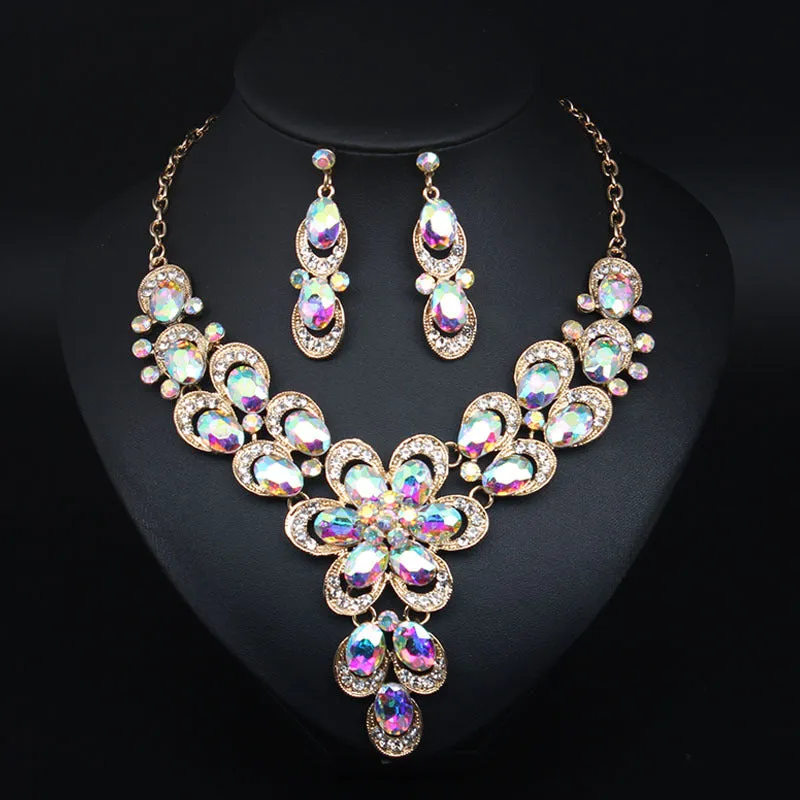 Multicolor Crystal Bridal Jewelry Sets Wedding Party Necklace Earring for Women Glitter Rhinestone Necklace