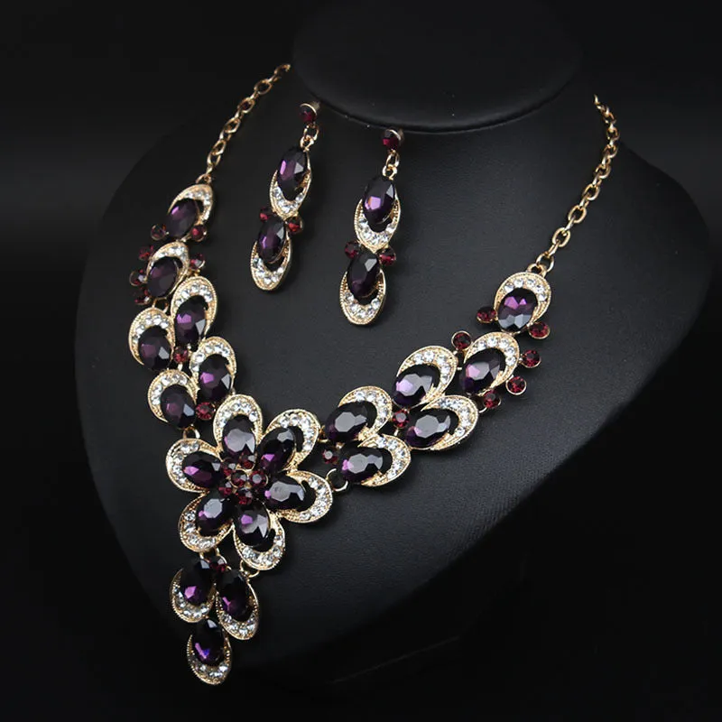 Multicolor Crystal Bridal Jewelry Sets Wedding Party Necklace Earring for Women Glitter Rhinestone Necklace
