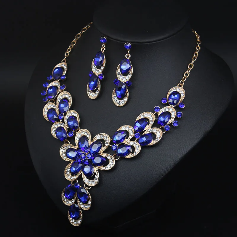 Multicolor Crystal Bridal Jewelry Sets Wedding Party Necklace Earring for Women Glitter Rhinestone Necklace