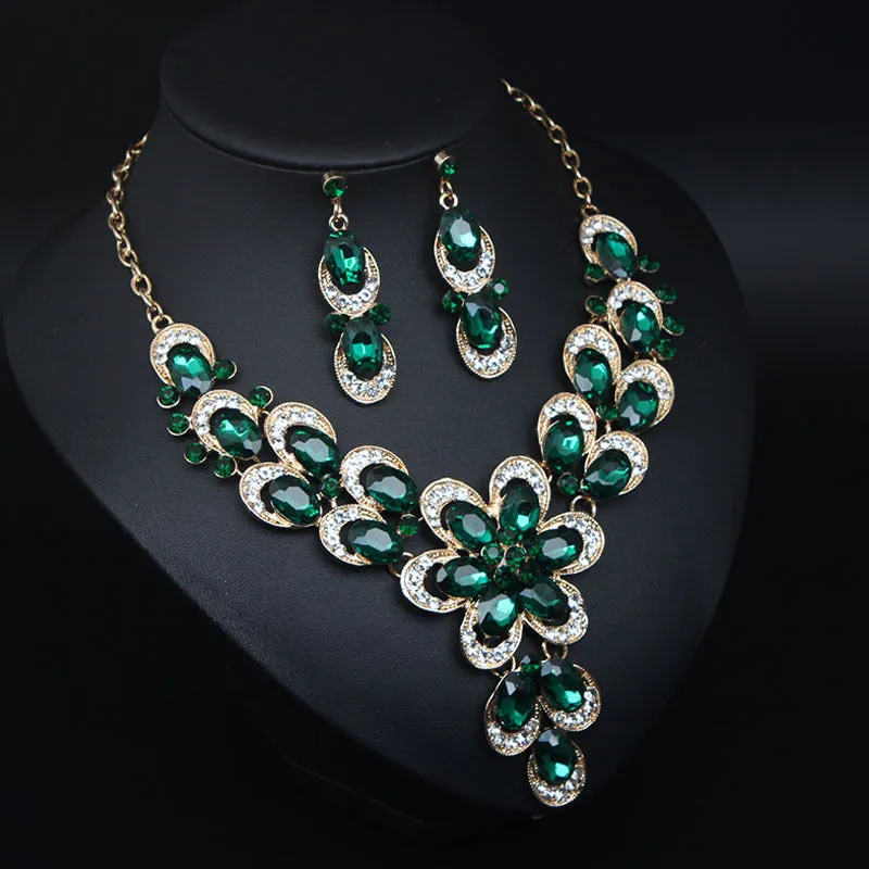 Multicolor Crystal Bridal Jewelry Sets Wedding Party Necklace Earring for Women Glitter Rhinestone Necklace