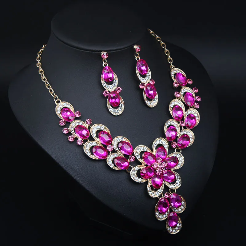 Multicolor Crystal Bridal Jewelry Sets Wedding Party Necklace Earring for Women Glitter Rhinestone Necklace