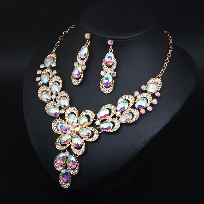 Multicolor Crystal Bridal Jewelry Sets Wedding Party Necklace Earring for Women Glitter Rhinestone Necklace