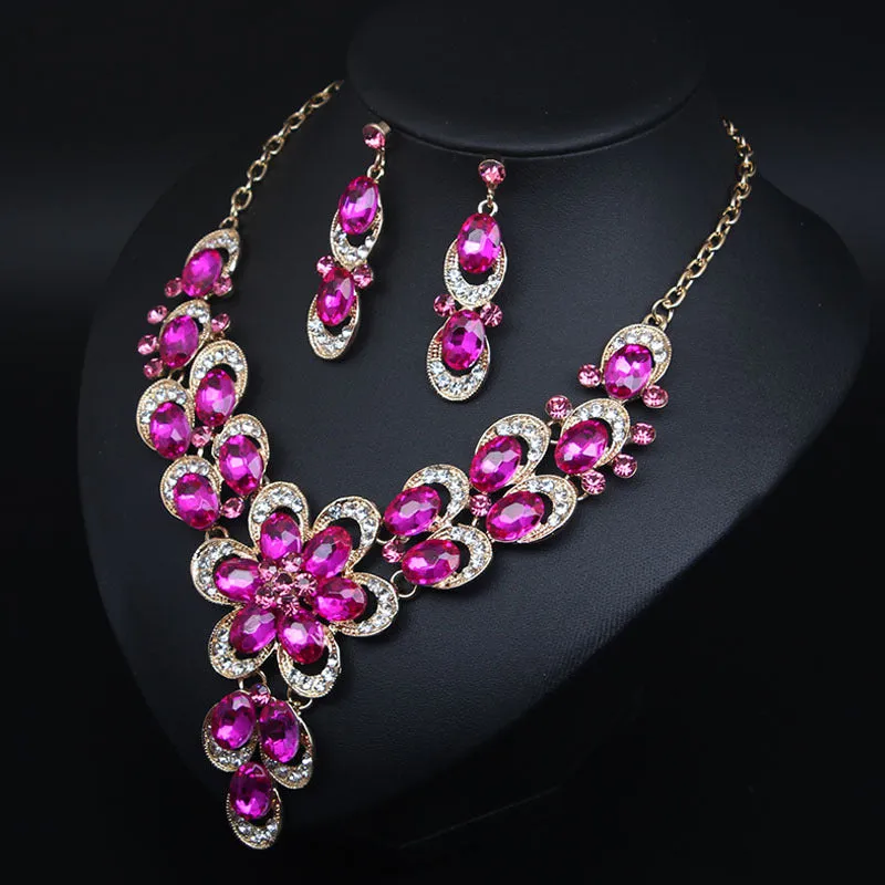 Multicolor Crystal Bridal Jewelry Sets Wedding Party Necklace Earring for Women Glitter Rhinestone Necklace