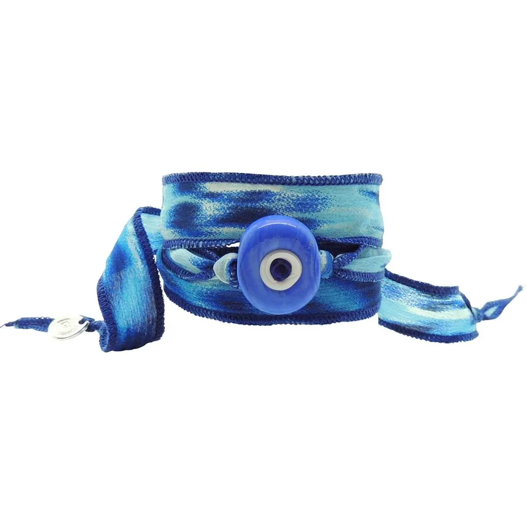 Multicolour Glass Evil Eye Amulet Wild Silk Ribbon Wrap Bracelet