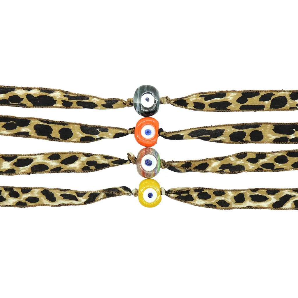 Multicolour Glass Evil Eye Amulet Wild Silk Ribbon Wrap Bracelet