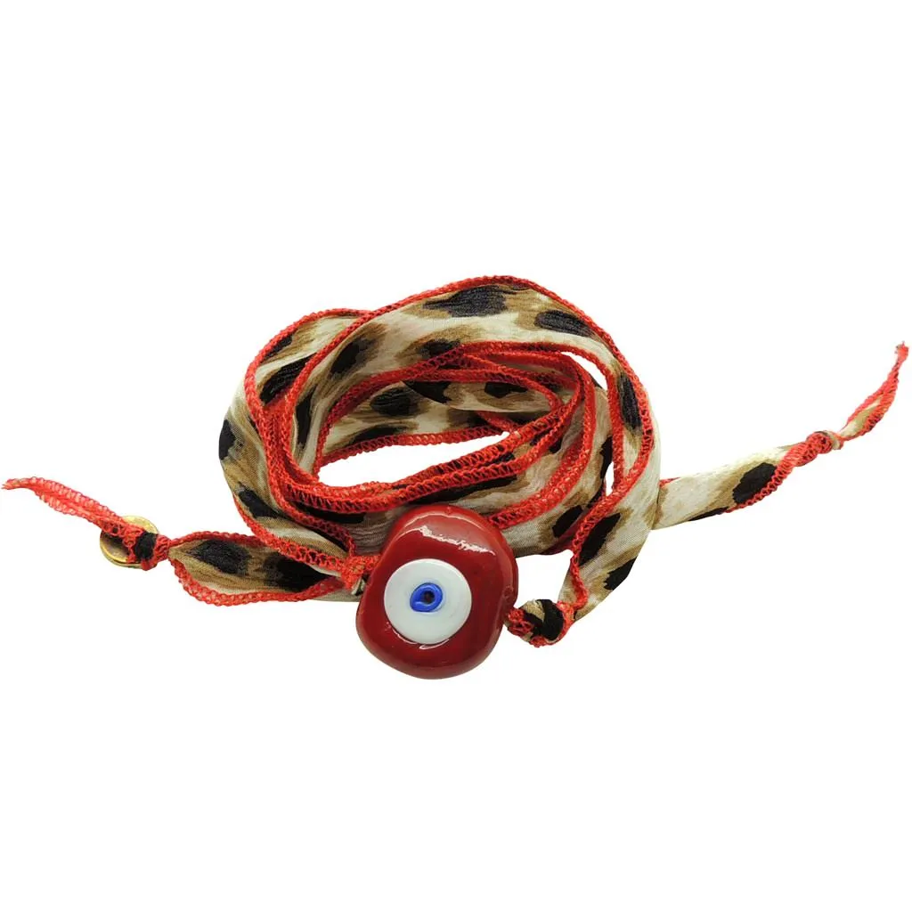 Multicolour Glass Evil Eye Amulet Wild Silk Ribbon Wrap Bracelet