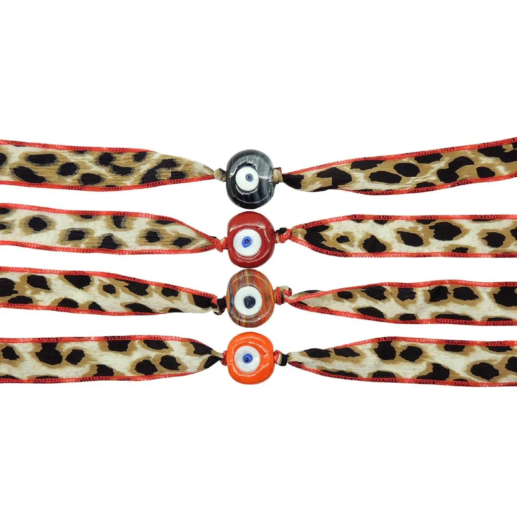Multicolour Glass Evil Eye Amulet Wild Silk Ribbon Wrap Bracelet