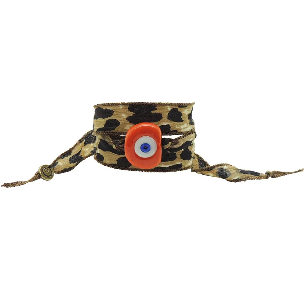 Multicolour Glass Evil Eye Amulet Wild Silk Ribbon Wrap Bracelet