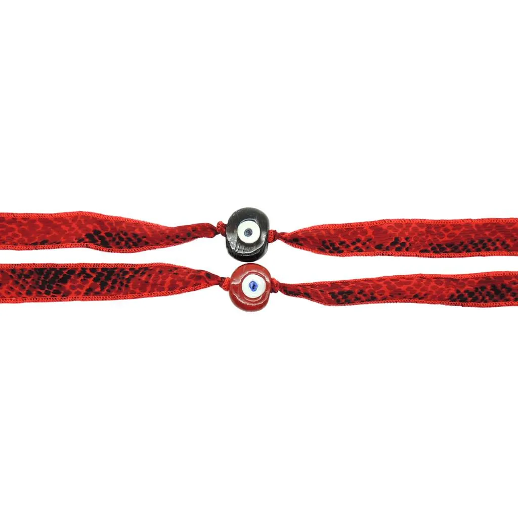 Multicolour Glass Evil Eye Amulet Wild Silk Ribbon Wrap Bracelet