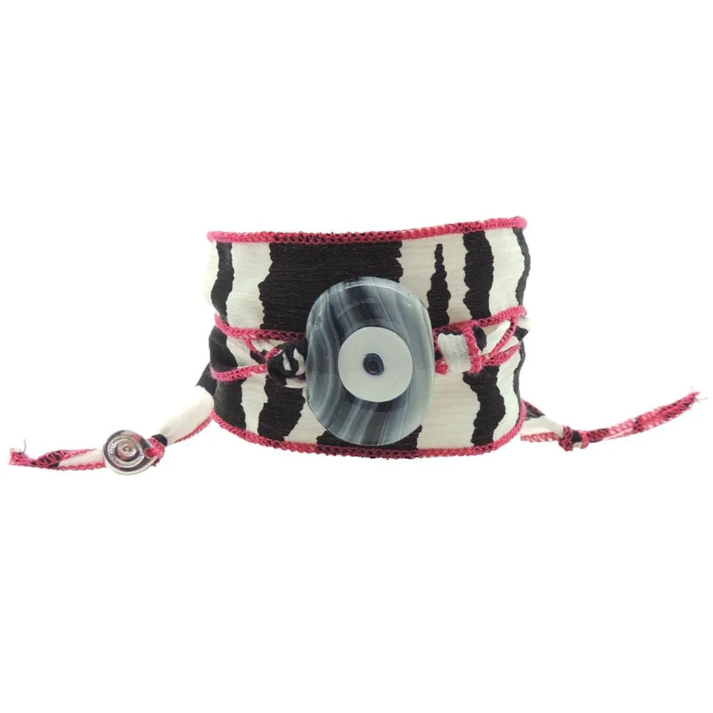 Multicolour Glass Evil Eye Amulet Wild Silk Ribbon Wrap Bracelet