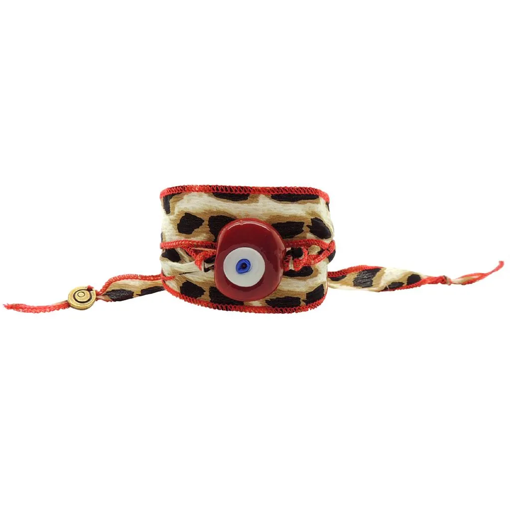 Multicolour Glass Evil Eye Amulet Wild Silk Ribbon Wrap Bracelet