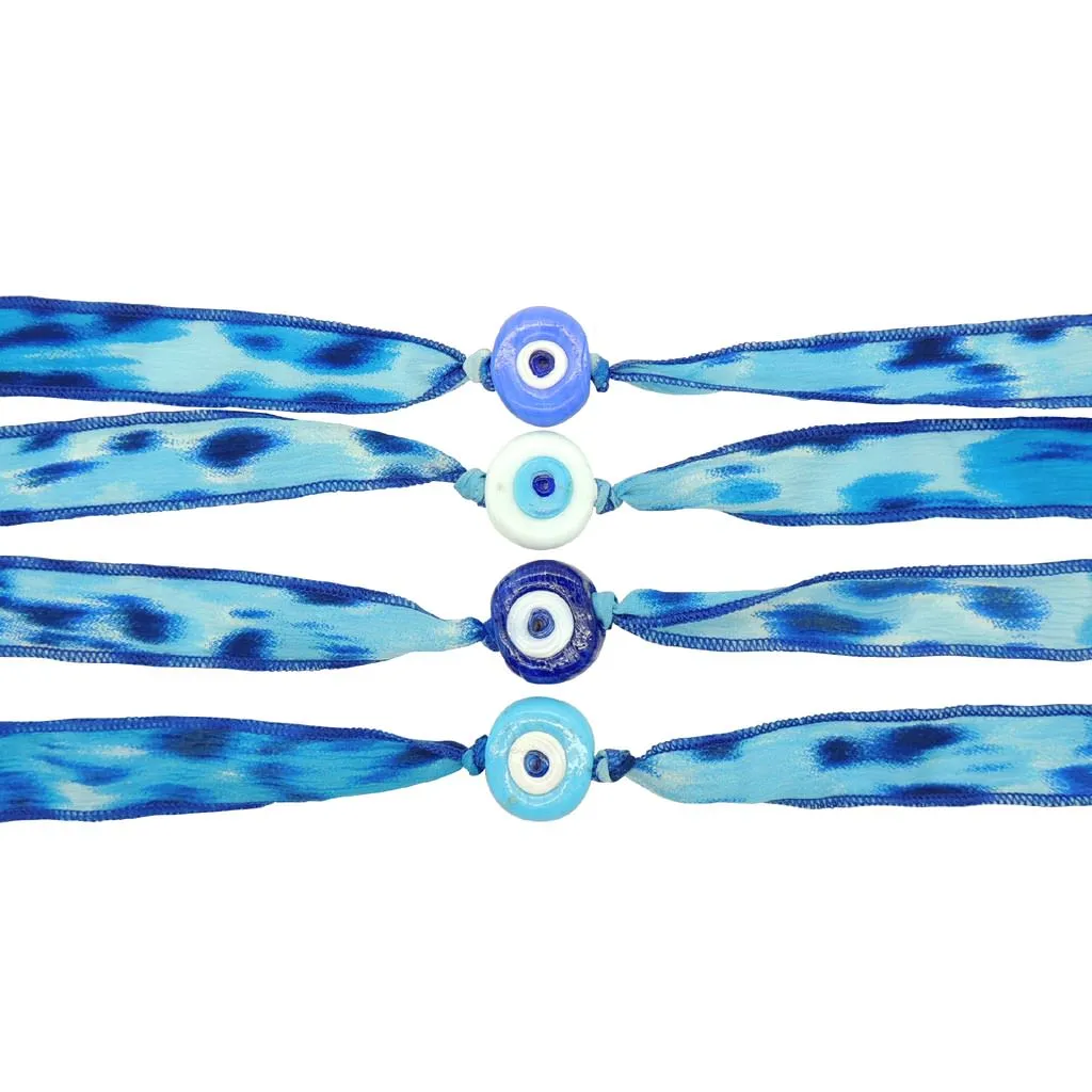 Multicolour Glass Evil Eye Amulet Wild Silk Ribbon Wrap Bracelet