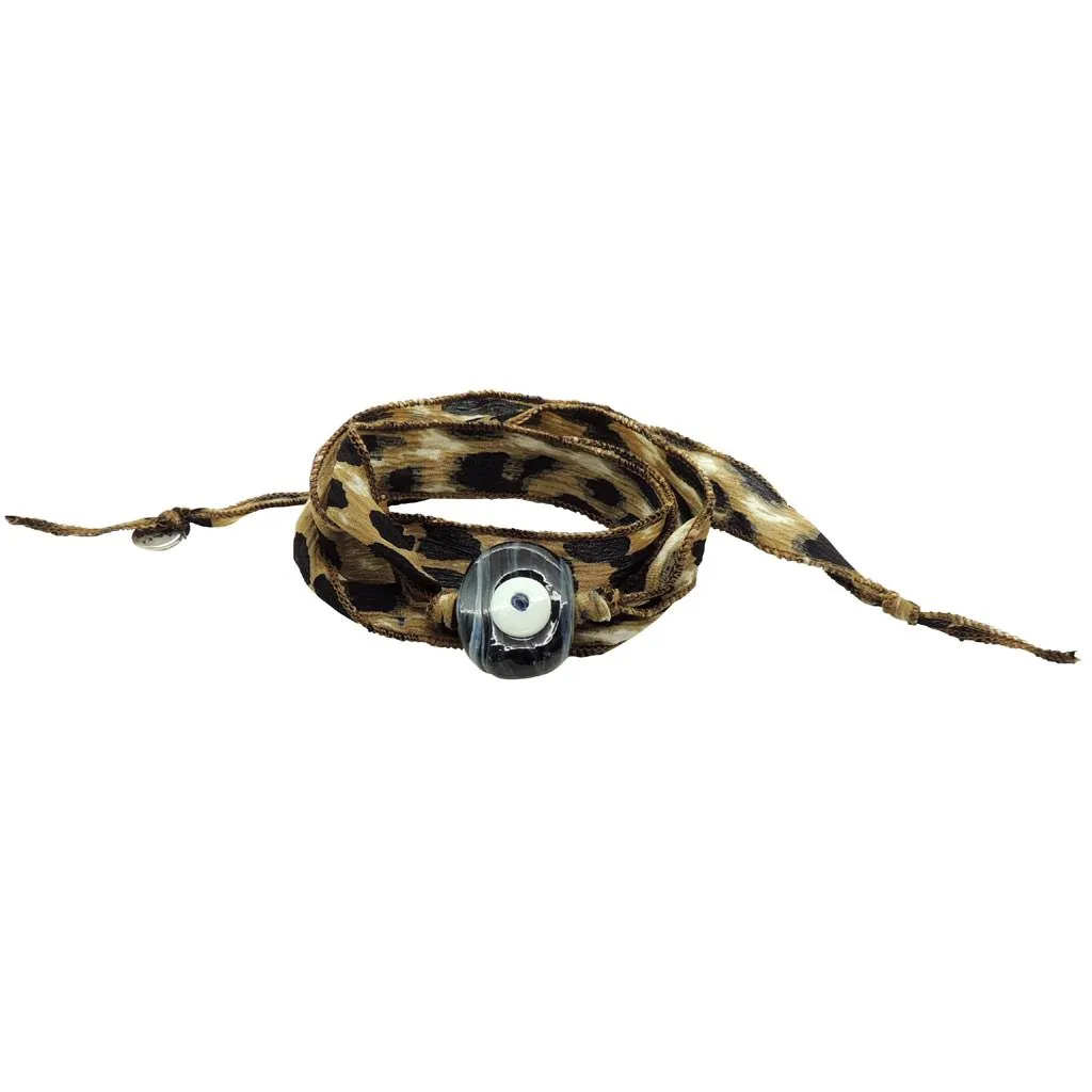 Multicolour Glass Evil Eye Amulet Wild Silk Ribbon Wrap Bracelet