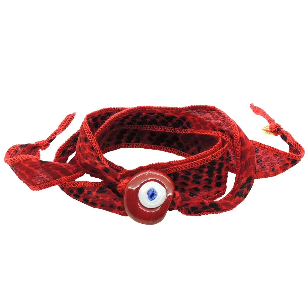 Multicolour Glass Evil Eye Amulet Wild Silk Ribbon Wrap Bracelet