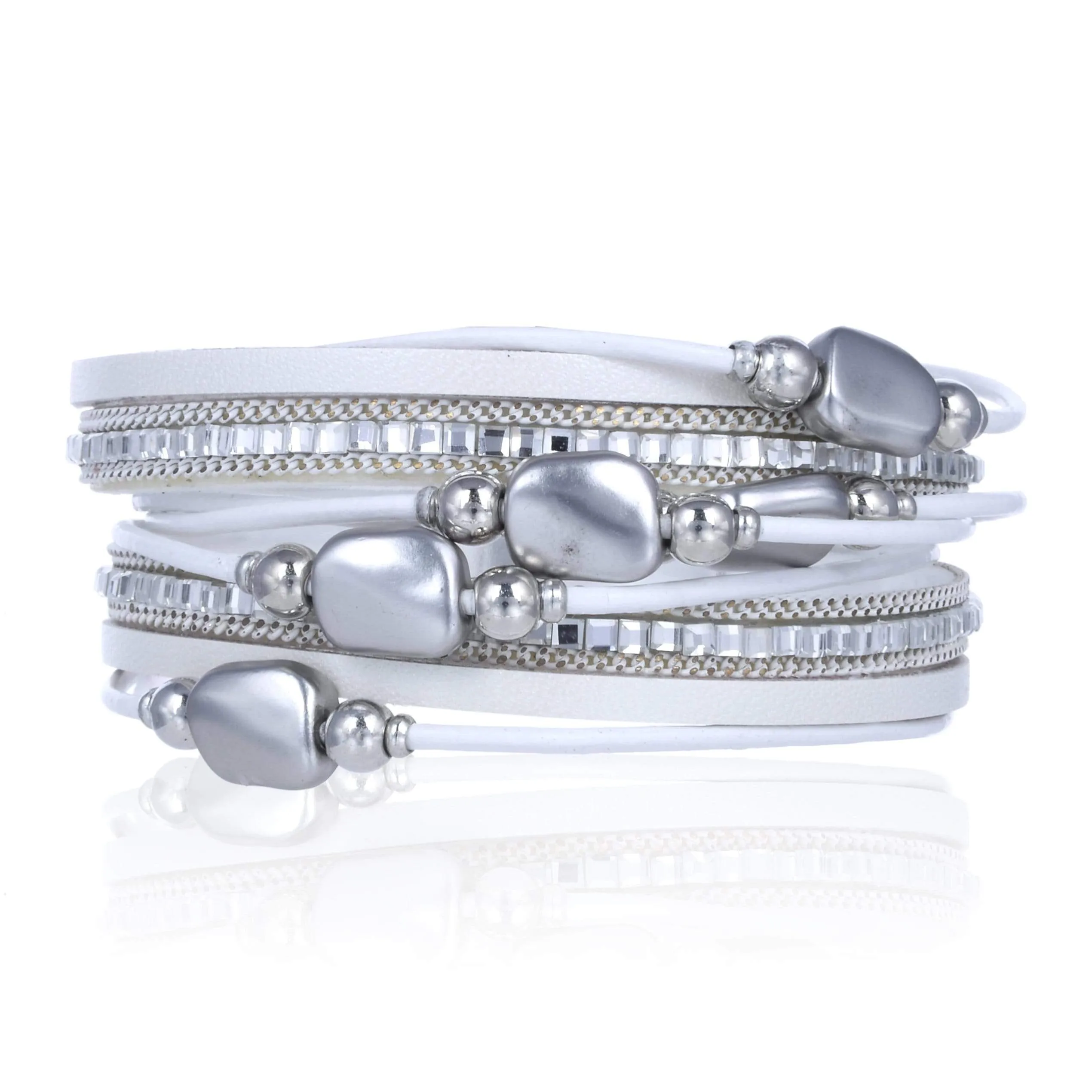 Multiple Strand Bracelet Pebble Beads White With Magnetic Clasp