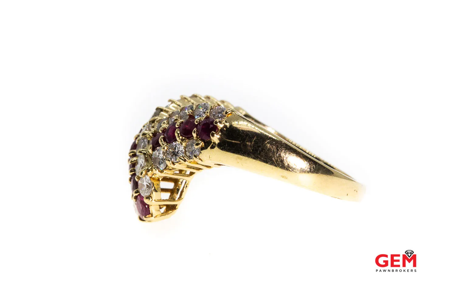 Natural Ruby & Round Diamond Cocktail Cluster Twist 14K 585 Yellow Gold Ring Size 7
