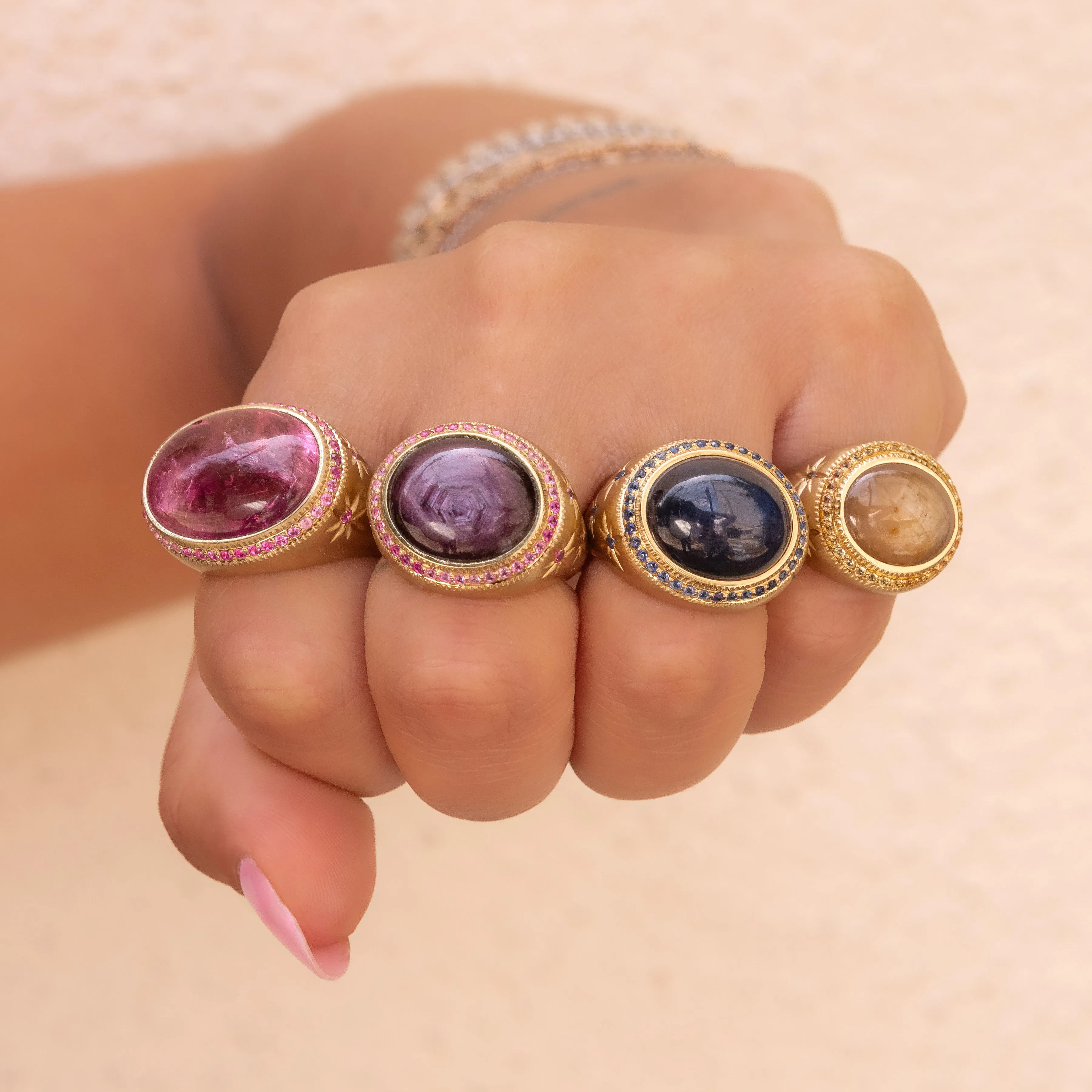 OMBRE SAPPHIRE BORDER   PINK TOURMALINE STARBURST RING