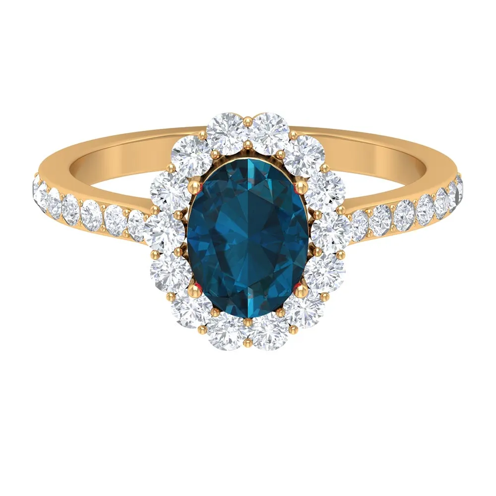Oval Cut London Blue Topaz with Diamond Halo Ring