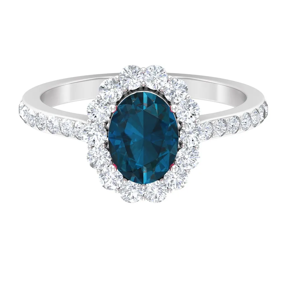 Oval Cut London Blue Topaz with Diamond Halo Ring