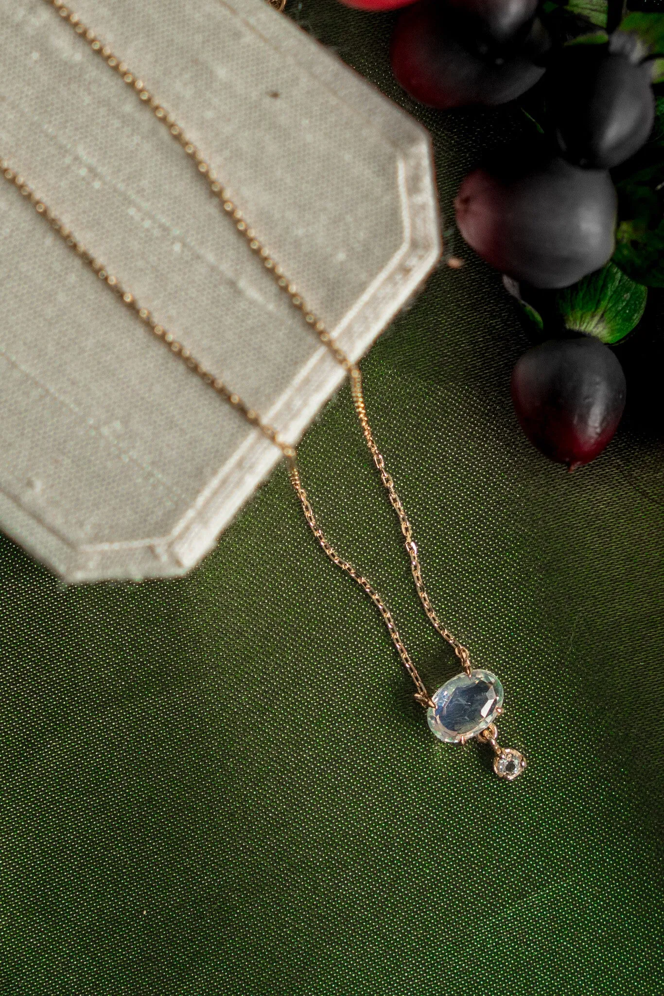 Oval Moonstone with White Topaz Dangle Necklace