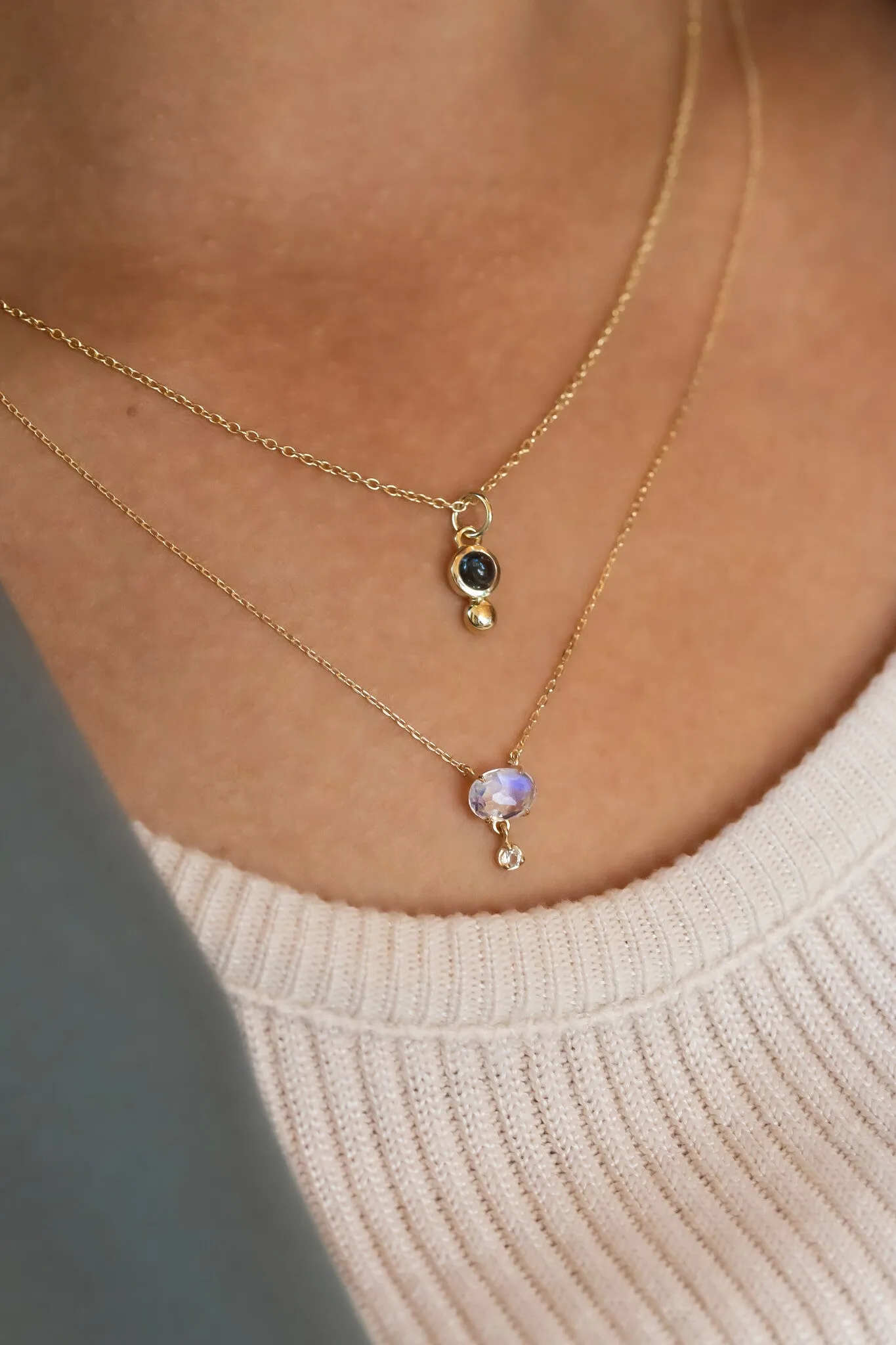 Oval Moonstone with White Topaz Dangle Necklace