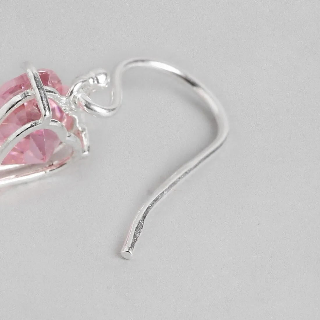 Pink Rhodium-Plated Heart Shaped 925 Sterling Silver Fish Hook Earrings