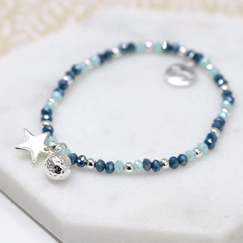 POM 10mm Silver Plated and Blue Bead Bracelet with Star and Ball