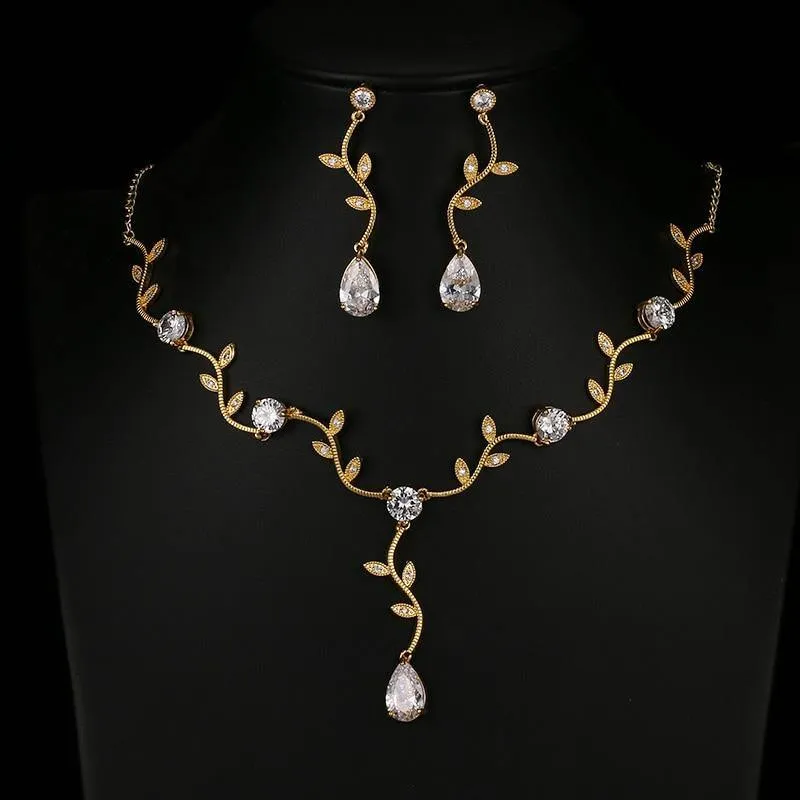 Pretty AAA  Quality Zircon Crystal Diamonds Leaf Shape Choker Necklace Earrings Wedding Bridal Jewelry Set