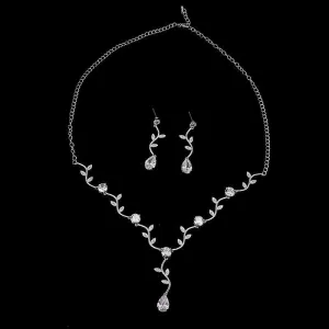 Pretty AAA  Quality Zircon Crystal Diamonds Leaf Shape Choker Necklace Earrings Wedding Bridal Jewelry Set