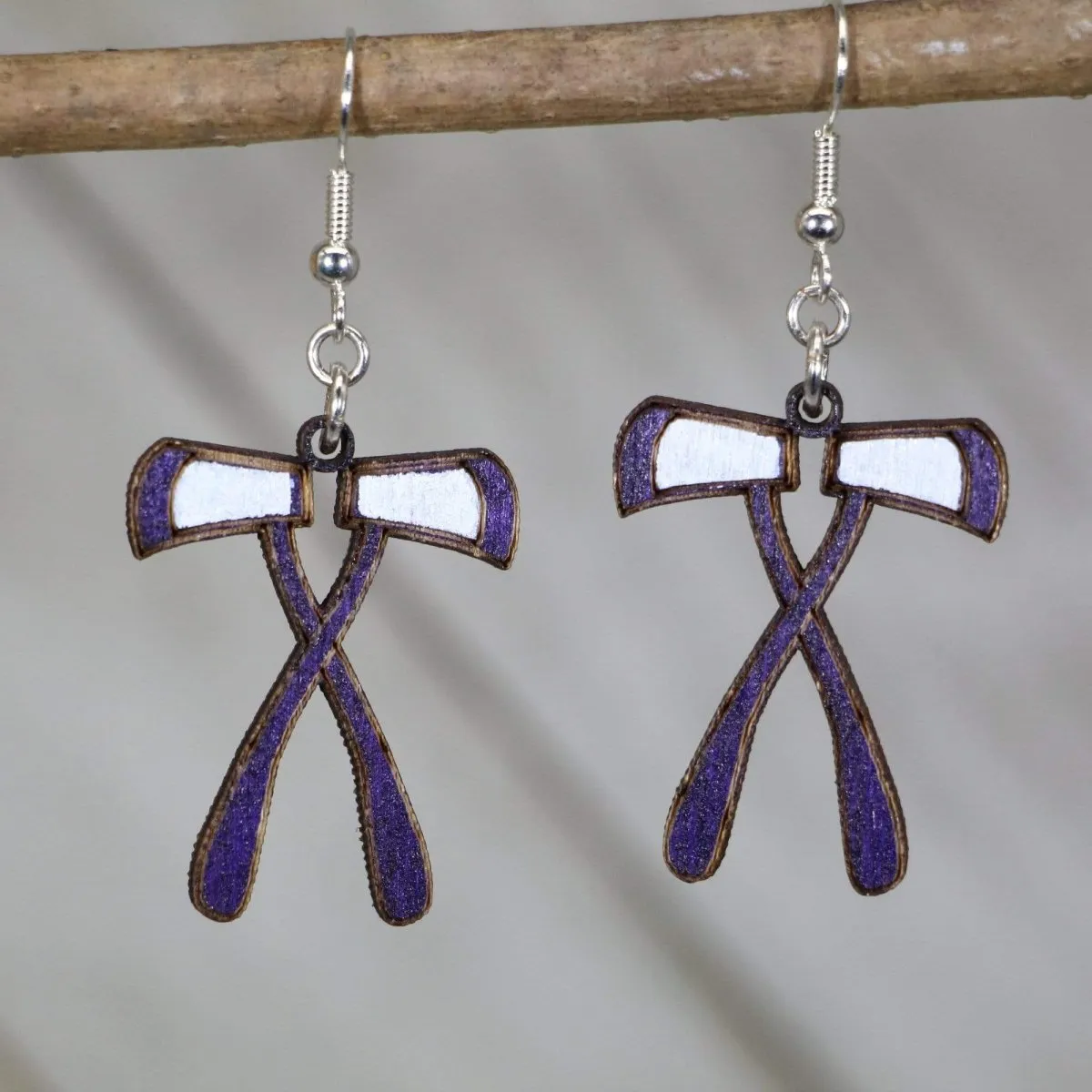 Purple and White Crossed Axes Wooden Dangle Earrings by Cate's Concepts, LLC