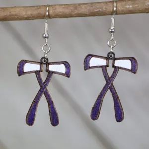 Purple and White Crossed Axes Wooden Dangle Earrings by Cate's Concepts, LLC